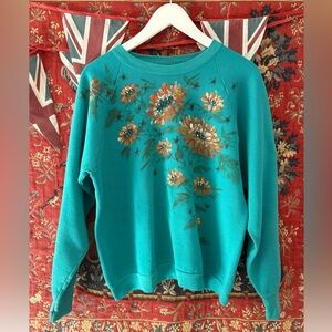 Handpainted Vintage Womens Sweatshirt Chrysanthemum Flowers Floral Art Craft USA